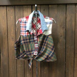 Vintage Handmade Patchwork Top , Tie Up Plaid Top Size Small